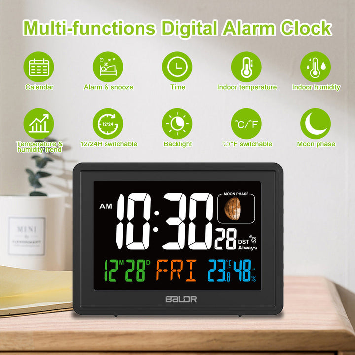BALDR Atomic Alarm Clock – Large Digital Desk Clock with Thermometer, Humidity & Moon Phase Display