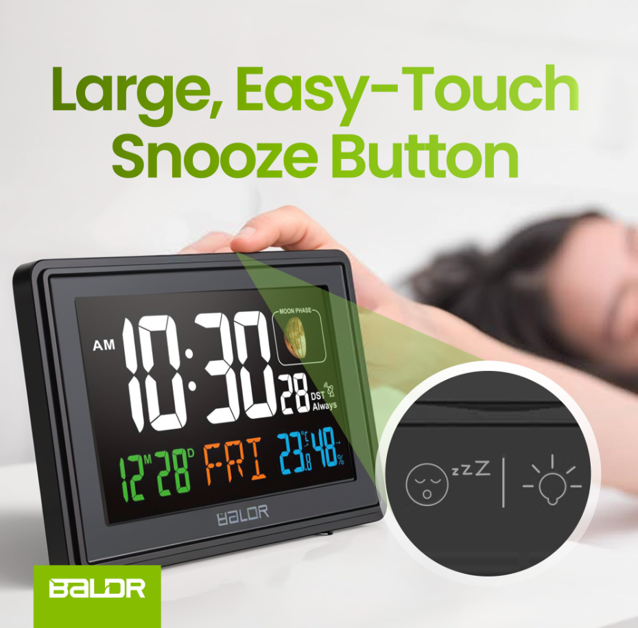 BALDR Atomic Alarm Clock – Large Digital Desk Clock with Thermometer, Humidity & Moon Phase Display