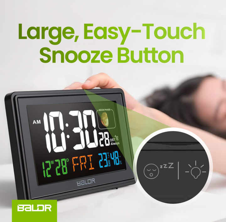 BALDR Atomic Alarm Clock – Large Digital Desk Clock with Thermometer, Humidity & Moon Phase Display